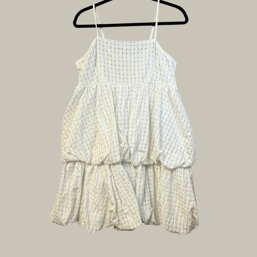 White Textured Tiered Bubble Hem Mini Dress Windowpane Check Smocked Back Small